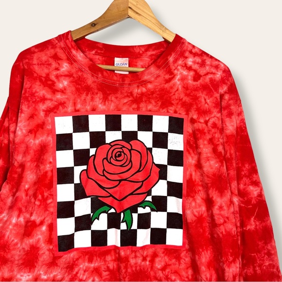 Vintage Checkered Print Rose Tie Dye Long Sleeve Crewneck Cotton Shirt Red L - Picture 2 of 9